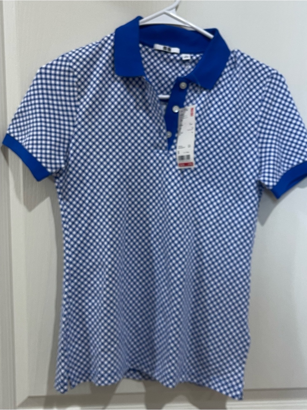 Uniqlo Blue Gingham Polo with Solid Blue Trim